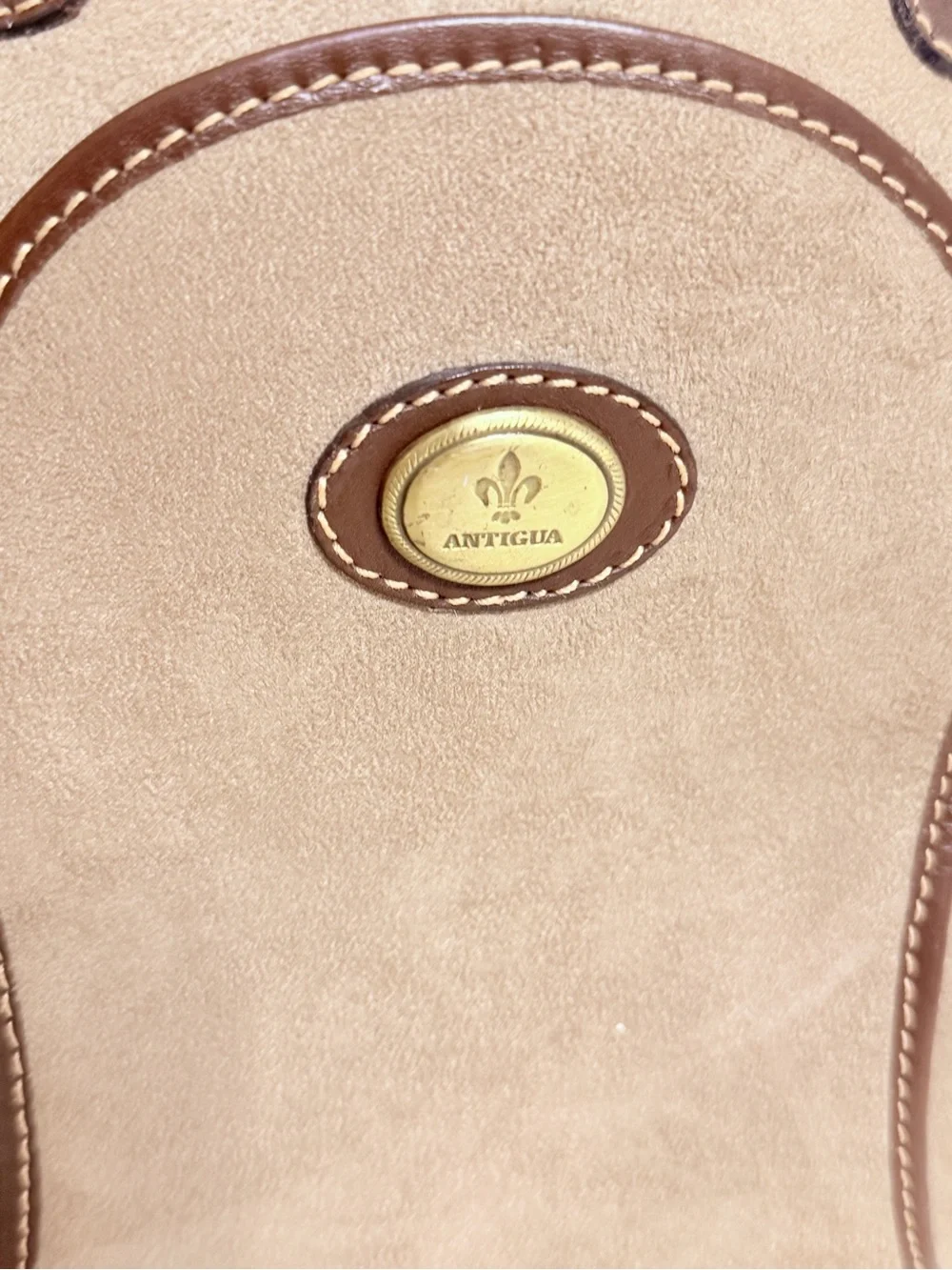 Antigua Beige Suede Dome Handbag with Brown Trim - Classic Women’s Bag